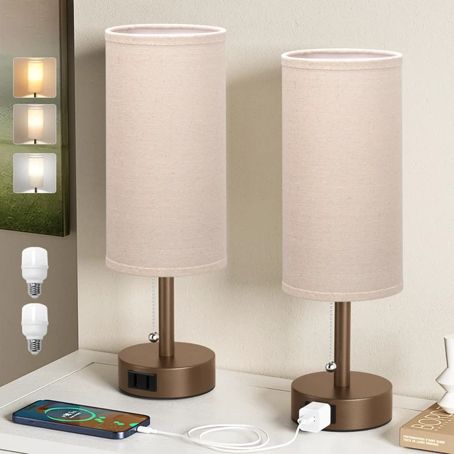 Main image of Brown Bedside Table Lamps Set of 2 - Bedroom Lamp for Desk, AC Outlet 3CCT(3000K/4000K/5000K), LED Bulbs Included, Beige Fabric Lampshade, 14in Small Lamp for Nightstand, Guest Room, Living Room