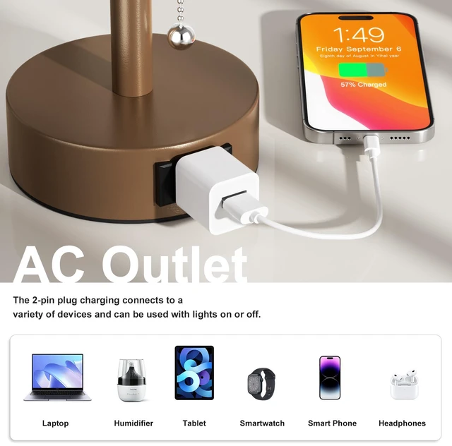 Alt view image 3 of 7 - Brown Bedside Table Lamps Set of 2 - Bedroom Lamp for Desk, AC Outlet 3CCT(3000K/4000K/5000K), LED Bulbs Included, Beige Fabric Lampshade, 14in Small Lamp for Nightstand, Guest Room, Living Room