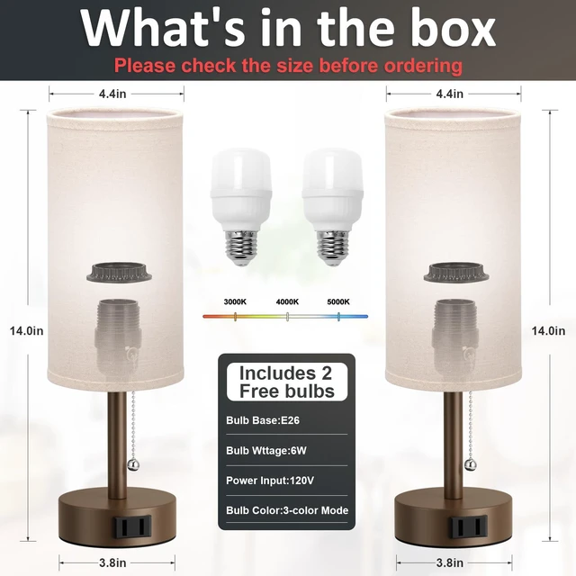 Alt view image 4 of 7 - Brown Bedside Table Lamps Set of 2 - Bedroom Lamp for Desk, AC Outlet 3CCT(3000K/4000K/5000K), LED Bulbs Included, Beige Fabric Lampshade, 14in Small Lamp for Nightstand, Guest Room, Living Room