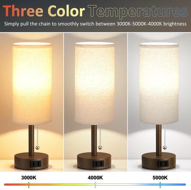 Alt view image 2 of 7 - Brown Bedside Table Lamps Set of 2 - Bedroom Lamp for Desk, AC Outlet 3CCT(3000K/4000K/5000K), LED Bulbs Included, Beige Fabric Lampshade, 14in Small Lamp for Nightstand, Guest Room, Living Room