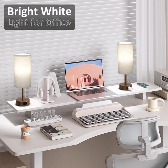 Alt view image 5 of 7 - Brown Bedside Table Lamps Set of 2 - Bedroom Lamp for Desk, AC Outlet 3CCT(3000K/4000K/5000K), LED Bulbs Included, Beige Fabric Lampshade, 14in Small Lamp for Nightstand, Guest Room, Living Room