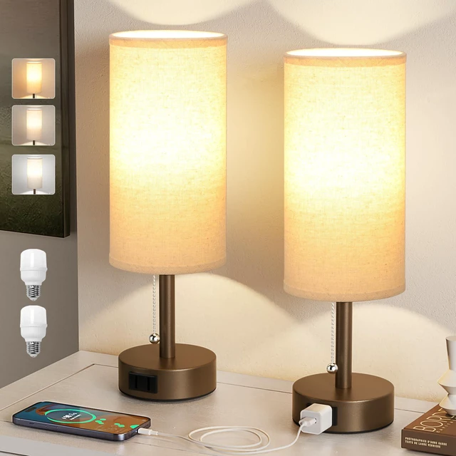 Alt view image 7 of 7 - Brown Bedside Table Lamps Set of 2 - Bedroom Lamp for Desk, AC Outlet 3CCT(3000K/4000K/5000K), LED Bulbs Included, Beige Fabric Lampshade, 14in Small Lamp for Nightstand, Guest Room, Living Room
