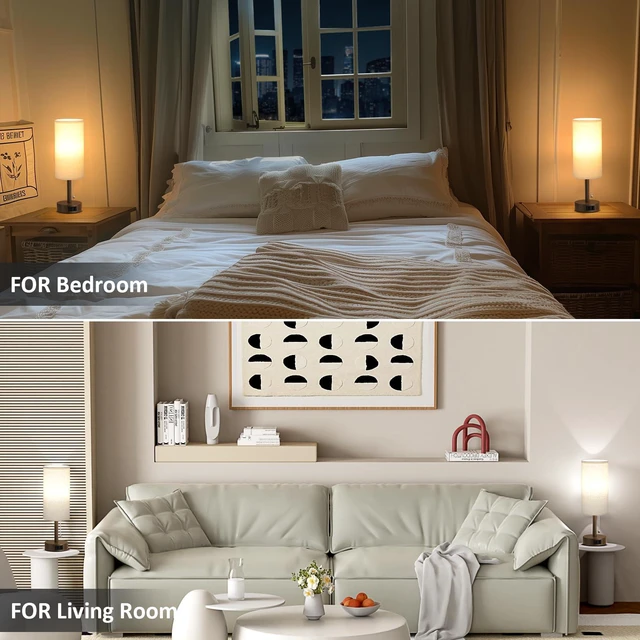 Alt view image 6 of 7 - Brown Bedside Table Lamps Set of 2 - Bedroom Lamp for Desk, AC Outlet 3CCT(3000K/4000K/5000K), LED Bulbs Included, Beige Fabric Lampshade, 14in Small Lamp for Nightstand, Guest Room, Living Room