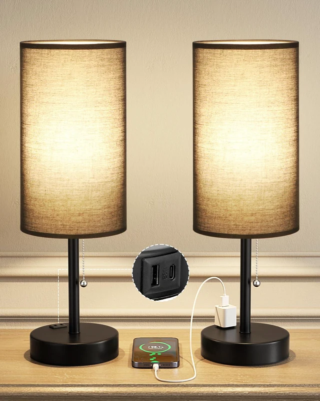 Main image of 17.4" Black Bedside Table Lamps Set of 2 - Bedroom Lamp, USB C+A, AC Outlet 3CCT(3000/4000/5000K), LED Bulbs Included, Black Fabric Lampshade, 17.4in Large Lamp for Nightstand, Living Room, Dorm, Desk