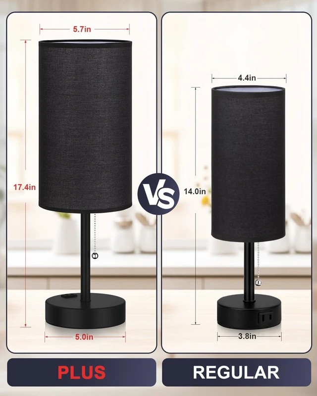 Alt view image 2 of 7 - 17.4" Black Bedside Table Lamps Set of 2 - Bedroom Lamp, USB C+A, AC Outlet 3CCT(3000/4000/5000K), LED Bulbs Included, Black Fabric Lampshade, 17.4in Large Lamp for Nightstand, Living Room, Dorm, Desk