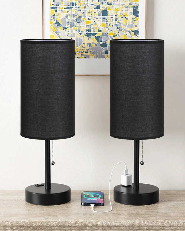 Alt view image 5 of 7 - 17.4" Black Bedside Table Lamps Set of 2 - Bedroom Lamp, USB C+A, AC Outlet 3CCT(3000/4000/5000K), LED Bulbs Included, Black Fabric Lampshade, 17.4in Large Lamp for Nightstand, Living Room, Dorm, Desk