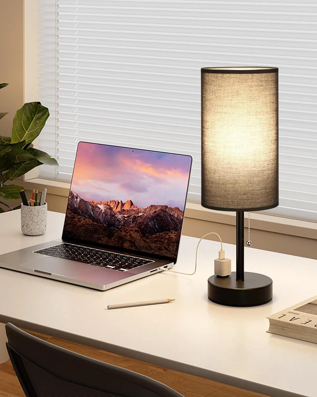 Alt view image 6 of 7 - 17.4" Black Bedside Table Lamps Set of 2 - Bedroom Lamp, USB C+A, AC Outlet 3CCT(3000/4000/5000K), LED Bulbs Included, Black Fabric Lampshade, 17.4in Large Lamp for Nightstand, Living Room, Dorm, Desk