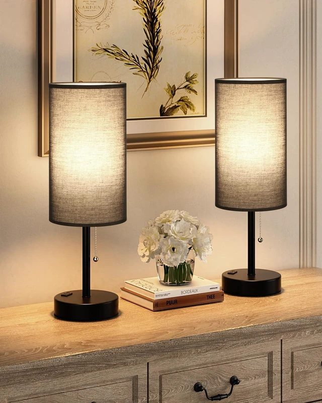 Alt view image 4 of 7 - 17.4" Black Bedside Table Lamps Set of 2 - Bedroom Lamp, USB C+A, AC Outlet 3CCT(3000/4000/5000K), LED Bulbs Included, Black Fabric Lampshade, 17.4in Large Lamp for Nightstand, Living Room, Dorm, Desk