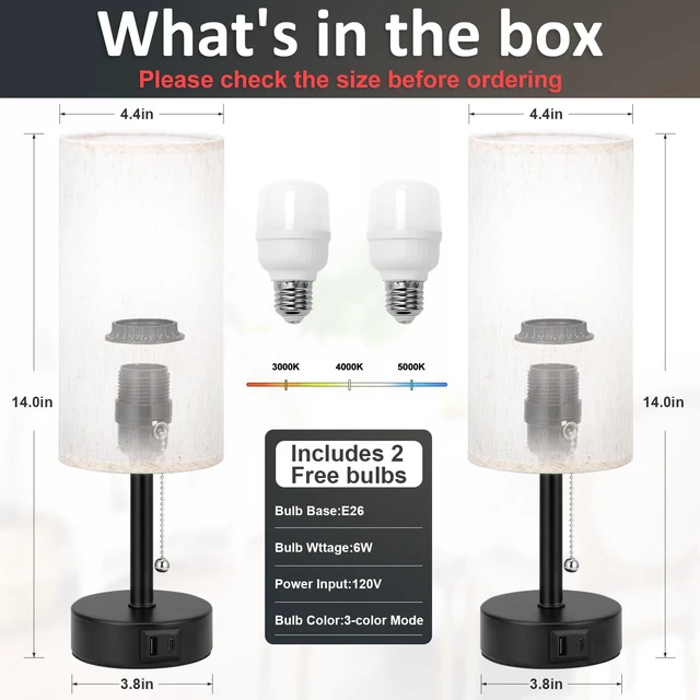 Alt view image 4 of 7 - Cream Bedside Table Lamps Set of 2 - Bedroom Lamp for Desk, USB C+A 3CCT(3000K/4000K/5000K), LED Bulbs Included, Cream Fabric Lampshade, 14in Small Lamp for Nightstand, Guest Room, Living Room