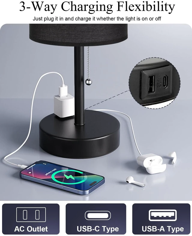Alt view image 3 of 7 - 17.4" Black Bedside Table Lamps Set of 2 - Bedroom Lamp, USB C+A, AC Outlet 3CCT(3000/4000/5000K), LED Bulbs Included, Black Fabric Lampshade, 17.4in Large Lamp for Nightstand, Living Room, Dorm, Desk