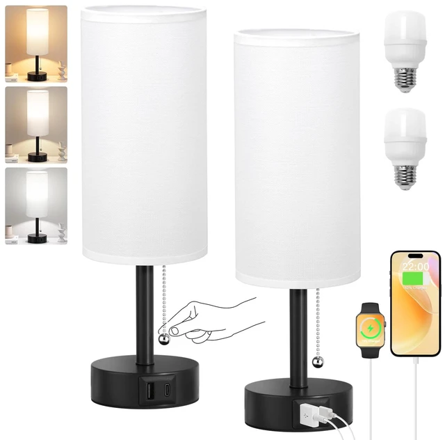 Main image of White Bedside Table Lamps Set of 2 - Bedroom Lamp for Desk, USB C+A 3CCT(3000K/4000K/5000K), LED Bulbs Included, White Fabric Lampshade, 14in Small Lamp for Nightstand, Guest Room, Living Room