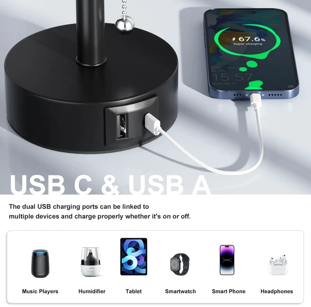 Alt view image 2 of 7 - White Bedside Table Lamps Set of 2 - Bedroom Lamp for Desk, USB C+A 3CCT(3000K/4000K/5000K), LED Bulbs Included, White Fabric Lampshade, 14in Small Lamp for Nightstand, Guest Room, Living Room