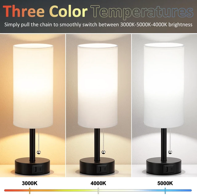 Alt view image 3 of 7 - White Bedside Table Lamps Set of 2 - Bedroom Lamp for Desk, USB C+A 3CCT(3000K/4000K/5000K), LED Bulbs Included, White Fabric Lampshade, 14in Small Lamp for Nightstand, Guest Room, Living Room