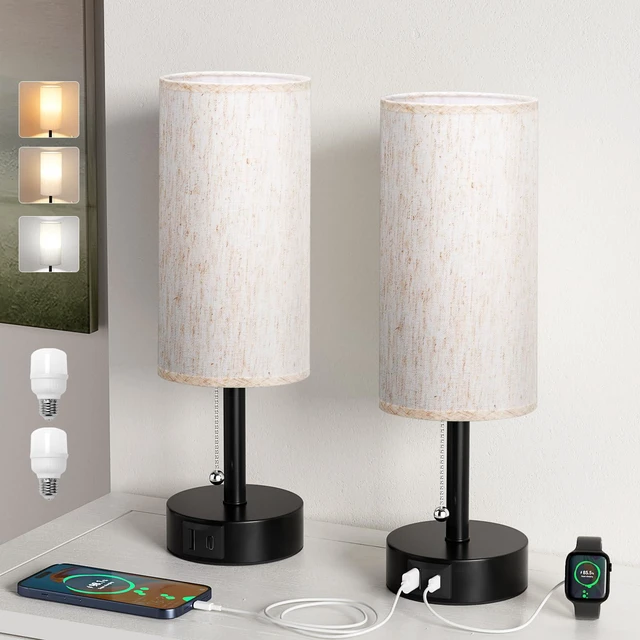 Alt view image 7 of 7 - Cream Bedside Table Lamps Set of 2 - Bedroom Lamp for Desk, USB C+A 3CCT(3000K/4000K/5000K), LED Bulbs Included, Cream Fabric Lampshade, 14in Small Lamp for Nightstand, Guest Room, Living Room