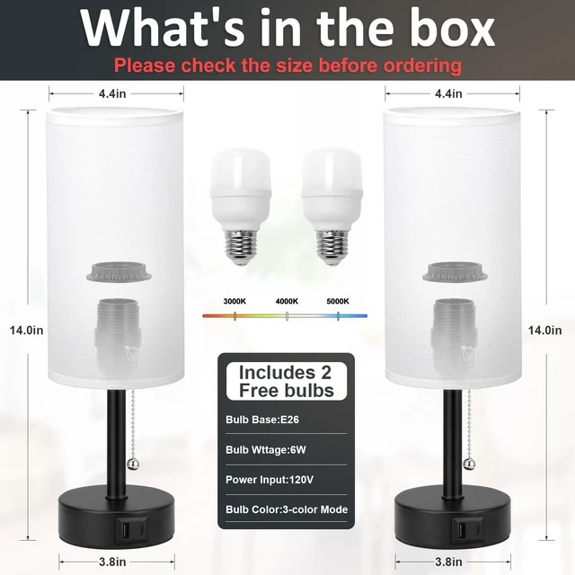 Alt view image 4 of 7 - White Bedside Table Lamps Set of 2 - Bedroom Lamp for Desk, USB C+A 3CCT(3000K/4000K/5000K), LED Bulbs Included, White Fabric Lampshade, 14in Small Lamp for Nightstand, Guest Room, Living Room