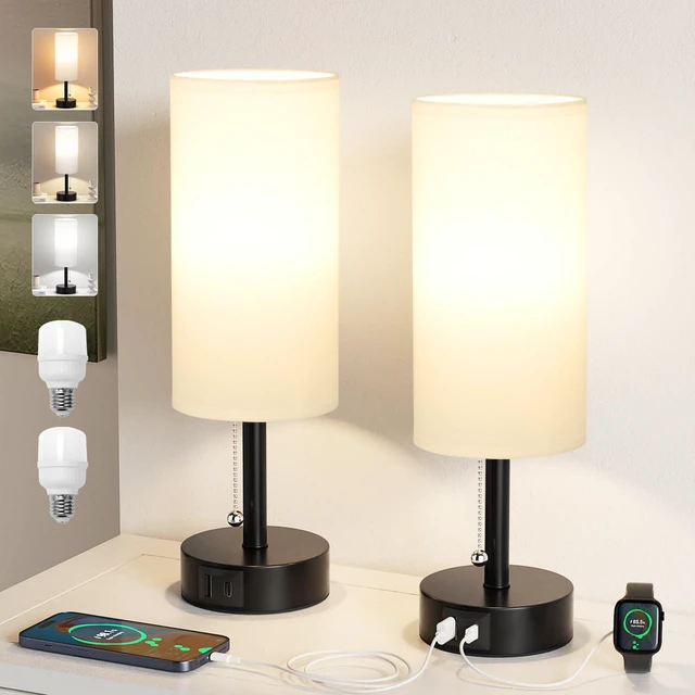 Alt view image 7 of 7 - White Bedside Table Lamps Set of 2 - Bedroom Lamp for Desk, USB C+A 3CCT(3000K/4000K/5000K), LED Bulbs Included, White Fabric Lampshade, 14in Small Lamp for Nightstand, Guest Room, Living Room