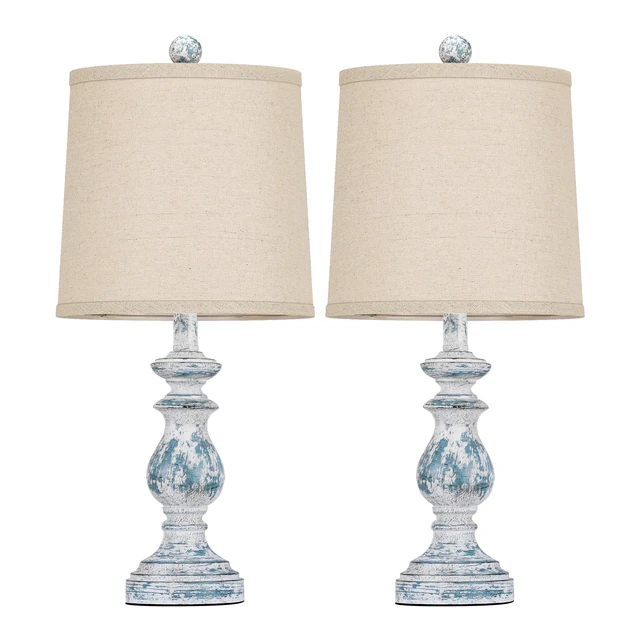 Alt view image 2 of 7 - Traditional Table Lamp Set of 2, Rustic Farmhouse Table Lamps for Living Room Bedroom, 22" Bedside Desk Lamps Vintage Nightstand Lamps with Linen Shades, Washed Blue