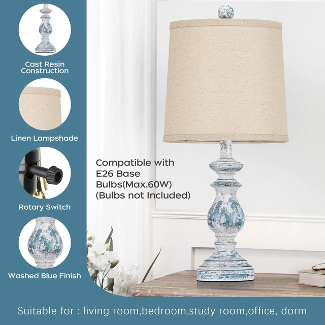 Alt view image 3 of 7 - Traditional Table Lamp Set of 2, Rustic Farmhouse Table Lamps for Living Room Bedroom, 22" Bedside Desk Lamps Vintage Nightstand Lamps with Linen Shades, Washed Blue