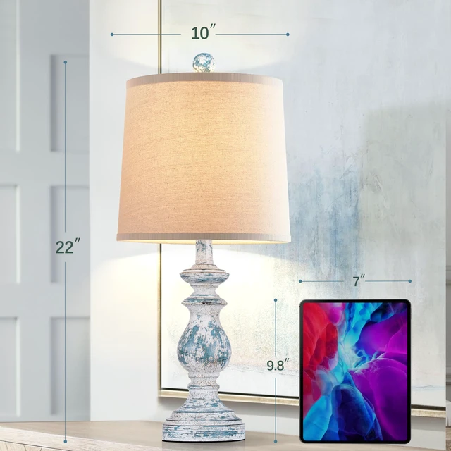 Alt view image 4 of 7 - Traditional Table Lamp Set of 2, Rustic Farmhouse Table Lamps for Living Room Bedroom, 22" Bedside Desk Lamps Vintage Nightstand Lamps with Linen Shades, Washed Blue