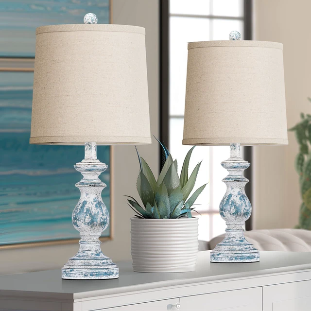 Main image of Traditional Table Lamp Set of 2, Rustic Farmhouse Table Lamps for Living Room Bedroom, 22" Bedside Desk Lamps Vintage Nightstand Lamps with Linen Shades, Washed Blue
