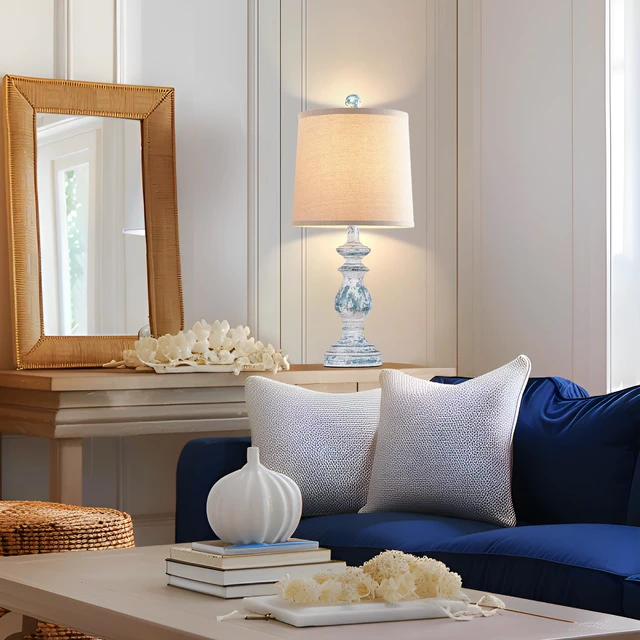 Alt view image 5 of 7 - Traditional Table Lamp Set of 2, Rustic Farmhouse Table Lamps for Living Room Bedroom, 22" Bedside Desk Lamps Vintage Nightstand Lamps with Linen Shades, Washed Blue