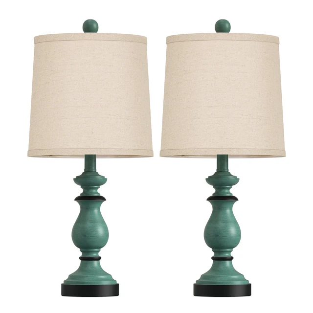 Alt view image 2 of 7 - Traditional Table Lamp Set of 2, Rustic Farmhouse Table Lamps for Living Room Bedroom, 22" Bedside Desk Lamps Vintage Nightstand Lamps with Linen Shades, Green