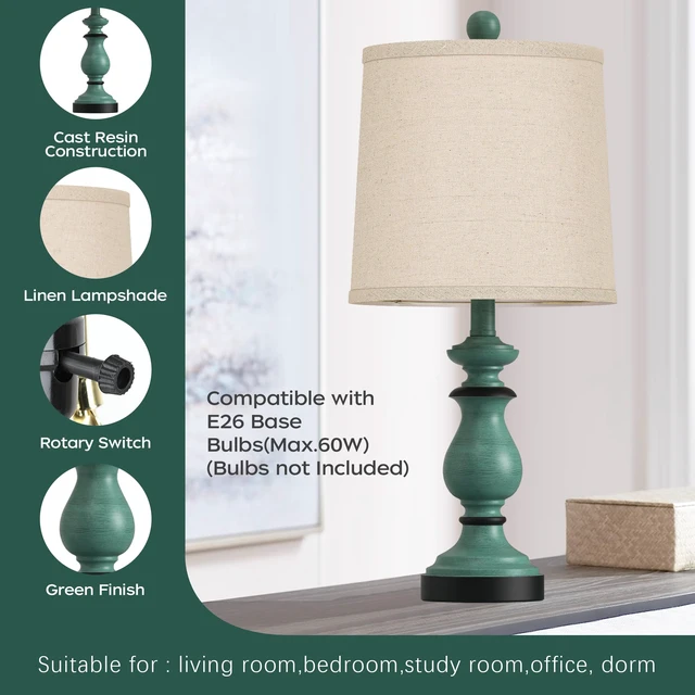 Alt view image 3 of 7 - Traditional Table Lamp Set of 2, Rustic Farmhouse Table Lamps for Living Room Bedroom, 22" Bedside Desk Lamps Vintage Nightstand Lamps with Linen Shades, Green