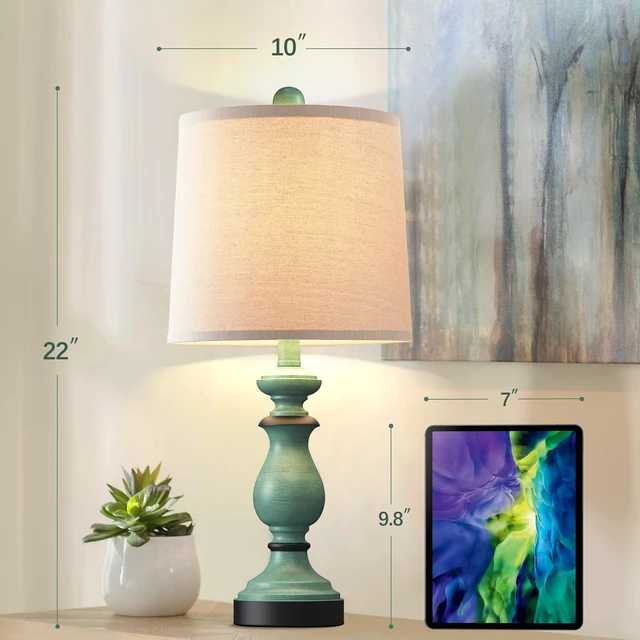 Alt view image 4 of 7 - Traditional Table Lamp Set of 2, Rustic Farmhouse Table Lamps for Living Room Bedroom, 22" Bedside Desk Lamps Vintage Nightstand Lamps with Linen Shades, Green