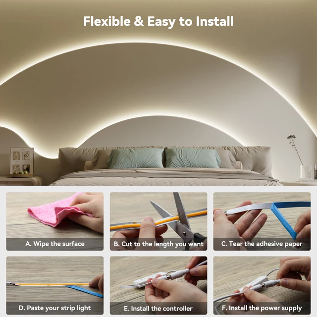 Alt view image 6 of 7 - COB LED Strip Lights,UL Listed Dotless LED Lights with RF Remote,16.4ft Natural White 4000K Super Bright Dimmable Flexible Diffused LED Tape Light,Kitchen Cabinet,Office,Stairs,Shelf Lighting