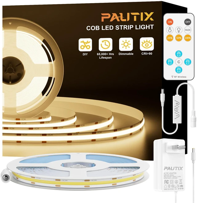 Main image of COB LED Strip Lights with RF Remote,UL Listed Dotless LED Lights Dimmable 3000K Warm White,Super Bright 16.4ft Flexible 24V LED Tape Light,for Kitchen Cabinets,Bed,Office,Stairs Indoor Lighting
