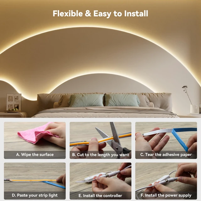 Alt view image 6 of 7 - COB LED Strip Lights with RF Remote,UL Listed Dotless LED Lights Dimmable 3000K Warm White,Super Bright 16.4ft Flexible 24V LED Tape Light,for Kitchen Cabinets,Bed,Office,Stairs Indoor Lighting