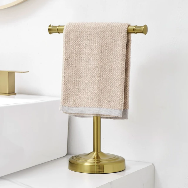 Alt view image 2 of 7 - Brushed Gold Hand Towel Holder Stand Countertop Towel Rack 13 Inch Bathroom Kitchen Vanity T-Shape Towel Stand Free Standing Stainless Steel Towel Bar Towel Ring