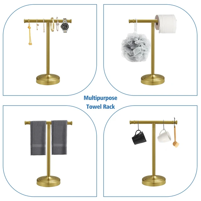 Alt view image 3 of 7 - Brushed Gold Hand Towel Holder Stand Countertop Towel Rack 13 Inch Bathroom Kitchen Vanity T-Shape Towel Stand Free Standing Stainless Steel Towel Bar Towel Ring