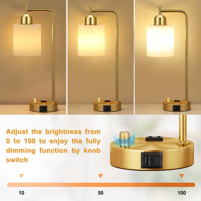 Alt view image 2 of 7 - Gold Lamp for Bedroom - Industrial Bedside Table Lamp with USB Port and Outlet, Fully Dimmable Nightstand Lamp with Opal Glass Shade, Small Desk Lamps for Home Office