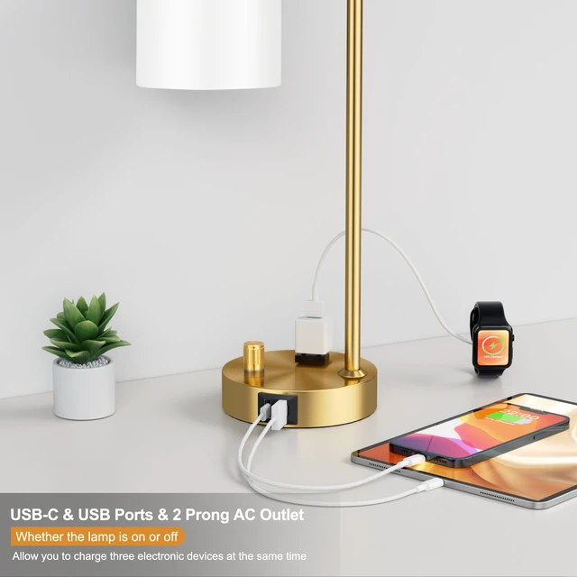 Alt view image 3 of 7 - Gold Lamp for Bedroom - Industrial Bedside Table Lamp with USB Port and Outlet, Fully Dimmable Nightstand Lamp with Opal Glass Shade, Small Desk Lamps for Home Office