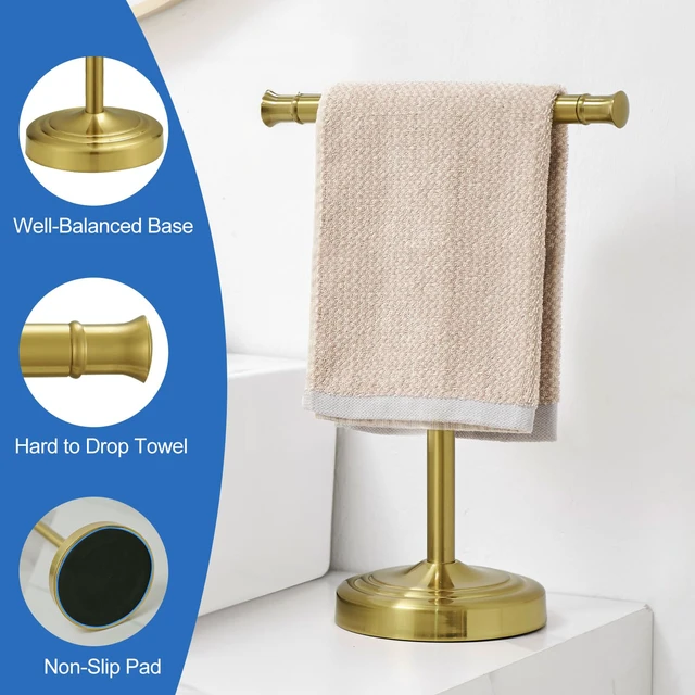 Alt view image 4 of 7 - Brushed Gold Hand Towel Holder Stand Countertop Towel Rack 13 Inch Bathroom Kitchen Vanity T-Shape Towel Stand Free Standing Stainless Steel Towel Bar Towel Ring