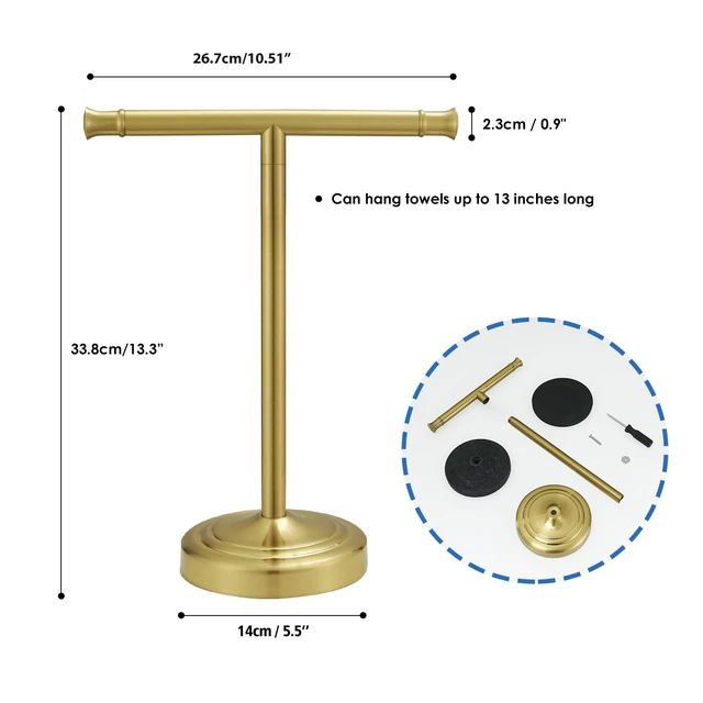 Alt view image 7 of 7 - Brushed Gold Hand Towel Holder Stand Countertop Towel Rack 13 Inch Bathroom Kitchen Vanity T-Shape Towel Stand Free Standing Stainless Steel Towel Bar Towel Ring