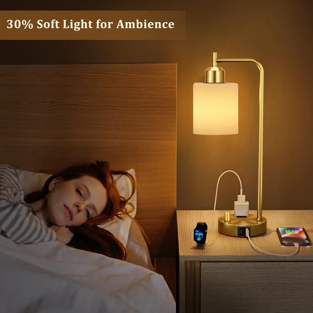Alt view image 6 of 7 - Gold Lamp for Bedroom - Industrial Bedside Table Lamp with USB Port and Outlet, Fully Dimmable Nightstand Lamp with Opal Glass Shade, Small Desk Lamps for Home Office