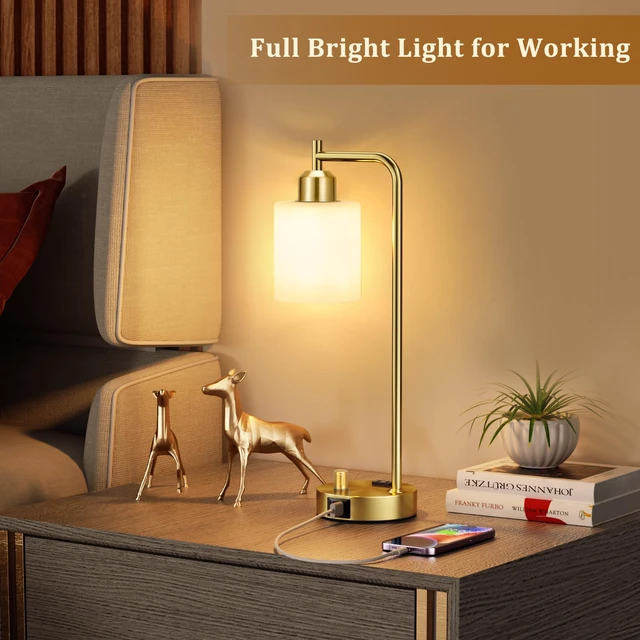 Alt view image 5 of 7 - Gold Lamp for Bedroom - Industrial Bedside Table Lamp with USB Port and Outlet, Fully Dimmable Nightstand Lamp with Opal Glass Shade, Small Desk Lamps for Home Office
