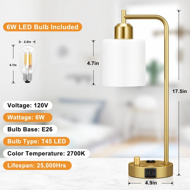 Alt view image 7 of 7 - Gold Lamp for Bedroom - Industrial Bedside Table Lamp with USB Port and Outlet, Fully Dimmable Nightstand Lamp with Opal Glass Shade, Small Desk Lamps for Home Office