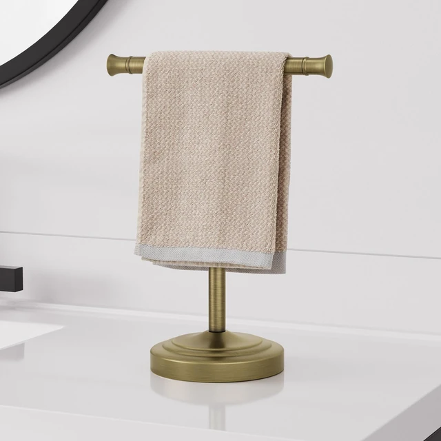 Alt view image 2 of 7 - Antique Brass Hand Towel Holder Stand Countertop Towel Rack 13 Inch Bathroom Kitchen Vanity T-Shape Towel Stand Free Standing Stainless Steel Towel Bar Towel Ring
