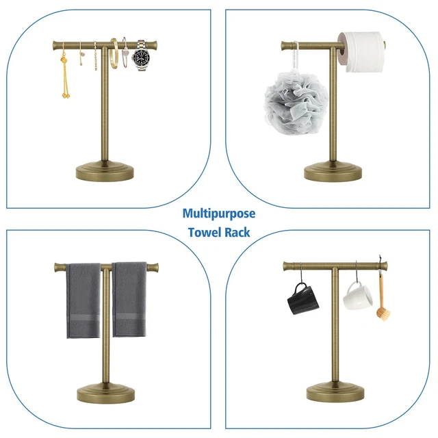 Alt view image 3 of 7 - Antique Brass Hand Towel Holder Stand Countertop Towel Rack 13 Inch Bathroom Kitchen Vanity T-Shape Towel Stand Free Standing Stainless Steel Towel Bar Towel Ring