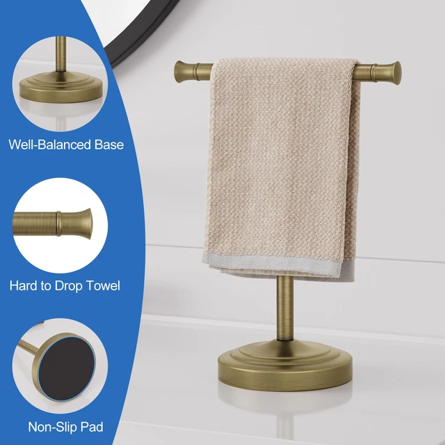 Alt view image 4 of 7 - Antique Brass Hand Towel Holder Stand Countertop Towel Rack 13 Inch Bathroom Kitchen Vanity T-Shape Towel Stand Free Standing Stainless Steel Towel Bar Towel Ring