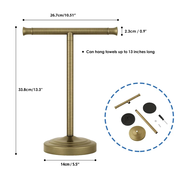 Alt view image 7 of 7 - Antique Brass Hand Towel Holder Stand Countertop Towel Rack 13 Inch Bathroom Kitchen Vanity T-Shape Towel Stand Free Standing Stainless Steel Towel Bar Towel Ring