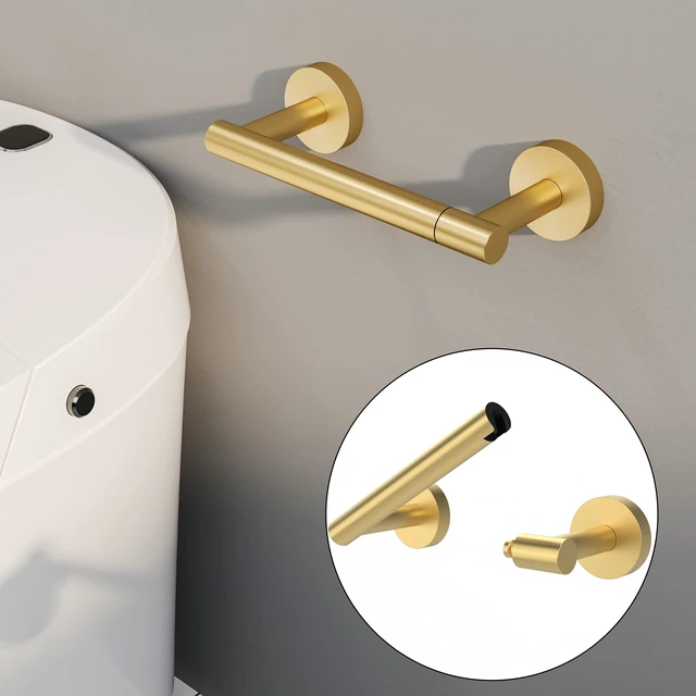 Alt view image 2 of 6 - Gold Toilet Paper Holder SUS304 Stainless Steel Double Post Pivoting Toilet Paper Roll Holder Wall Mounted Toilet Tissue Holder for Commercial Bathroom RV Brushed Brass Finish