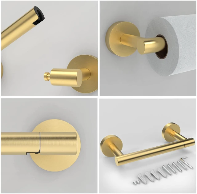 Alt view image 4 of 6 - Gold Toilet Paper Holder SUS304 Stainless Steel Double Post Pivoting Toilet Paper Roll Holder Wall Mounted Toilet Tissue Holder for Commercial Bathroom RV Brushed Brass Finish