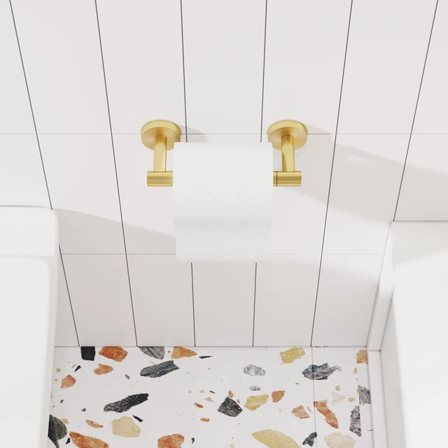 Alt view image 3 of 6 - Gold Toilet Paper Holder SUS304 Stainless Steel Double Post Pivoting Toilet Paper Roll Holder Wall Mounted Toilet Tissue Holder for Commercial Bathroom RV Brushed Brass Finish