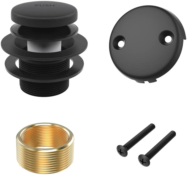 Main image of Matte Black Bath Tub Drain and Overflow Kit, Bathtub Drain Stopper Tub Drain Cover with 2-Hole Overflow Faceplate, All Metal Tip-Toe Bathtub Drains Replacement Kit with Fine/Coarse Thread