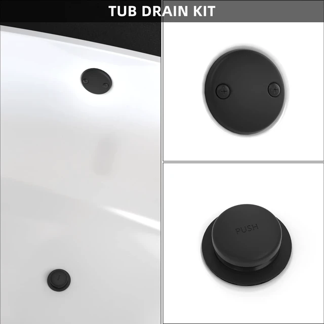 Alt view image 2 of 6 - Matte Black Bath Tub Drain and Overflow Kit, Bathtub Drain Stopper Tub Drain Cover with 2-Hole Overflow Faceplate, All Metal Tip-Toe Bathtub Drains Replacement Kit with Fine/Coarse Thread