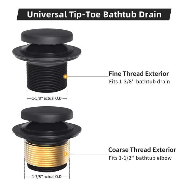Alt view image 4 of 6 - Matte Black Bath Tub Drain and Overflow Kit, Bathtub Drain Stopper Tub Drain Cover with 2-Hole Overflow Faceplate, All Metal Tip-Toe Bathtub Drains Replacement Kit with Fine/Coarse Thread
